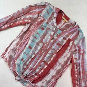 Hope & Harlow Tie Front Blouse Medium Burgundy Blue Print‎ Long Sleeve Top New